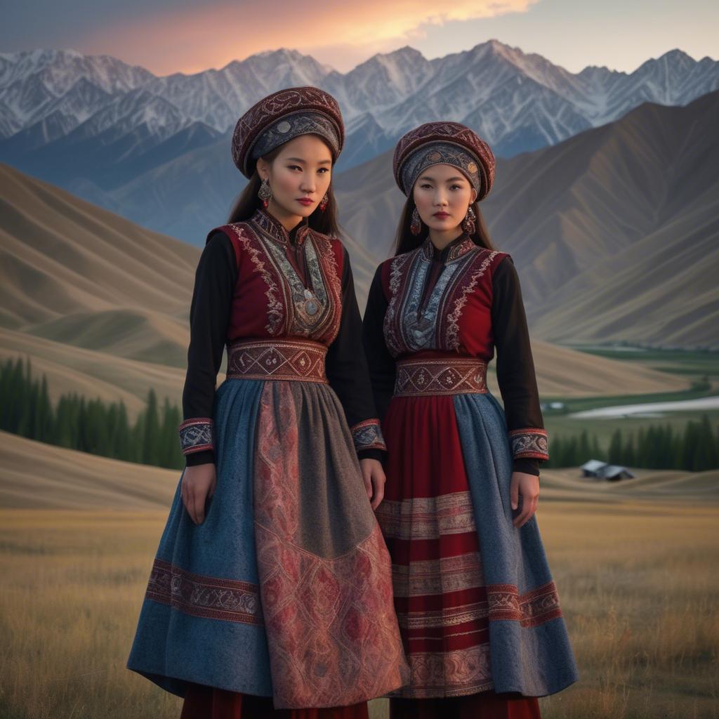 A stunning image of magical kyrgyz ensemble in layered textiles with mountainous scenery at twilight.