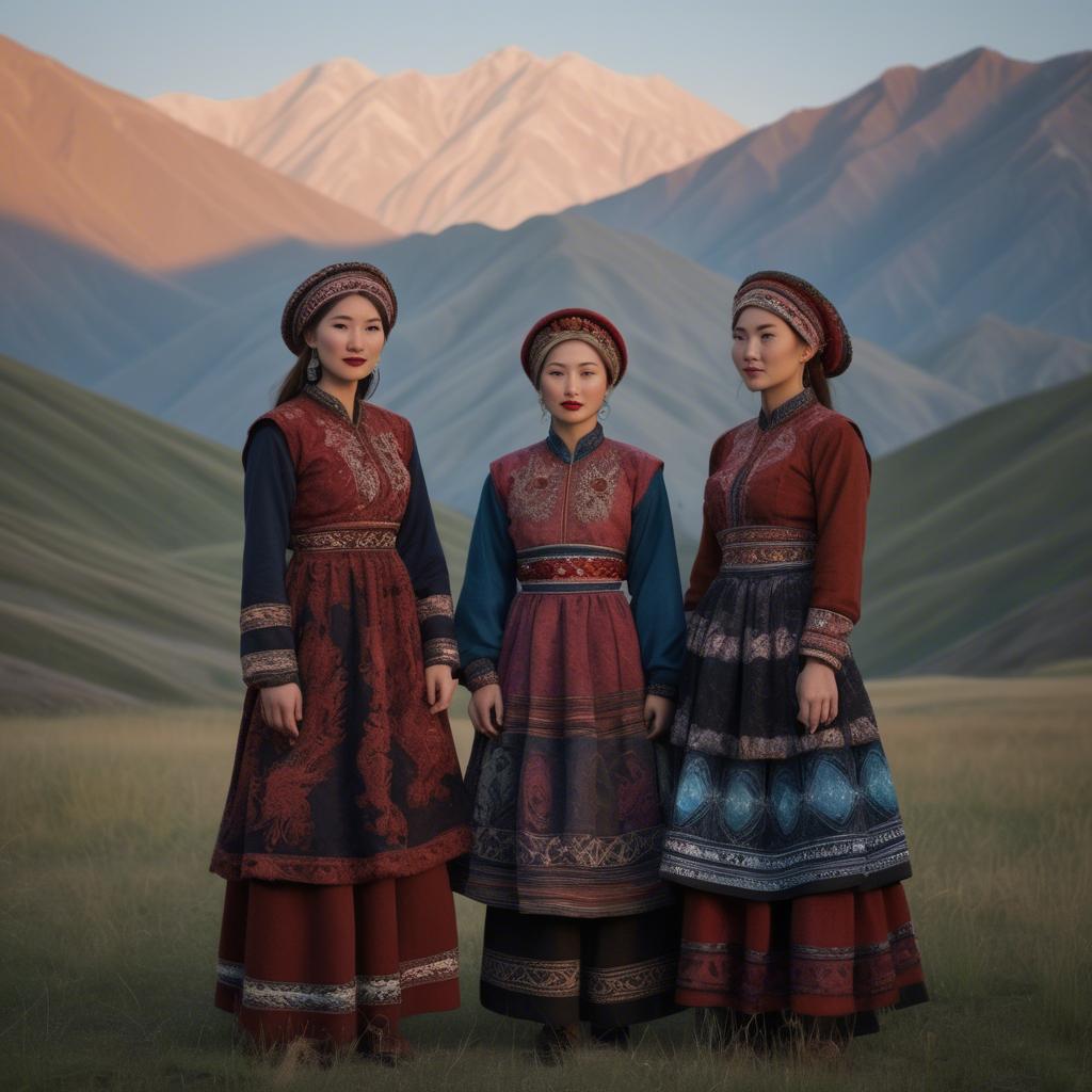 A stunning image of magical kyrgyz ensemble in layered textiles with mountainous scenery at twilight.