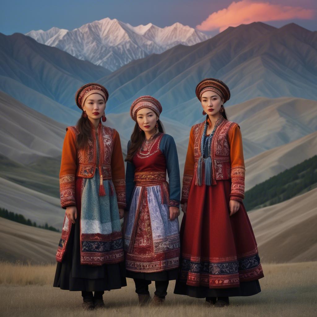 A stunning image of magical kyrgyz ensemble in layered textiles with mountainous scenery at twilight.