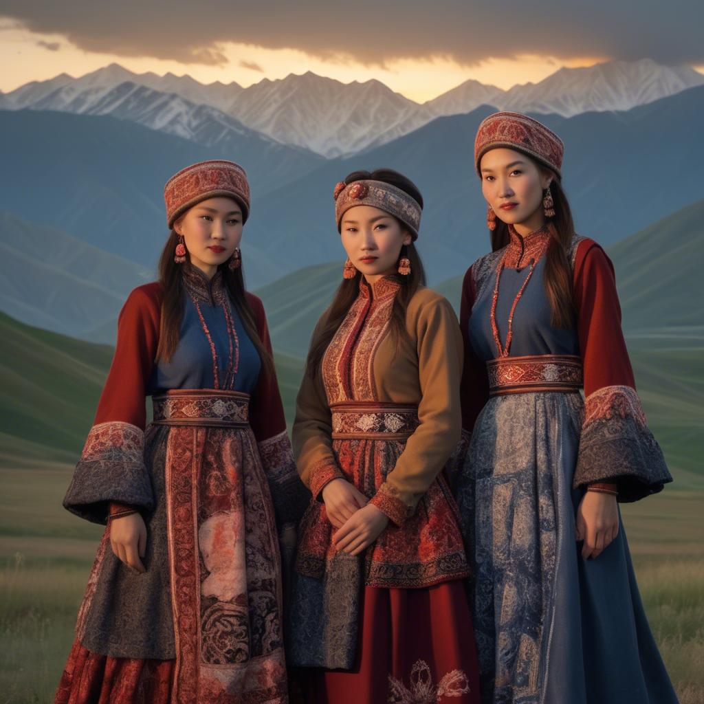 A stunning image of magical kyrgyz ensemble in layered textiles with mountainous scenery at twilight.