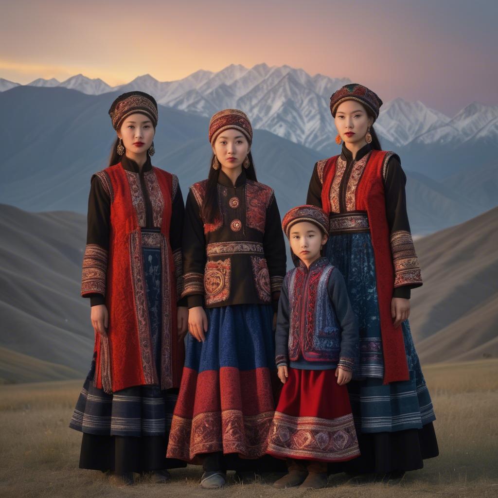 A stunning image of magical kyrgyz ensemble in layered textiles with mountainous scenery at twilight.