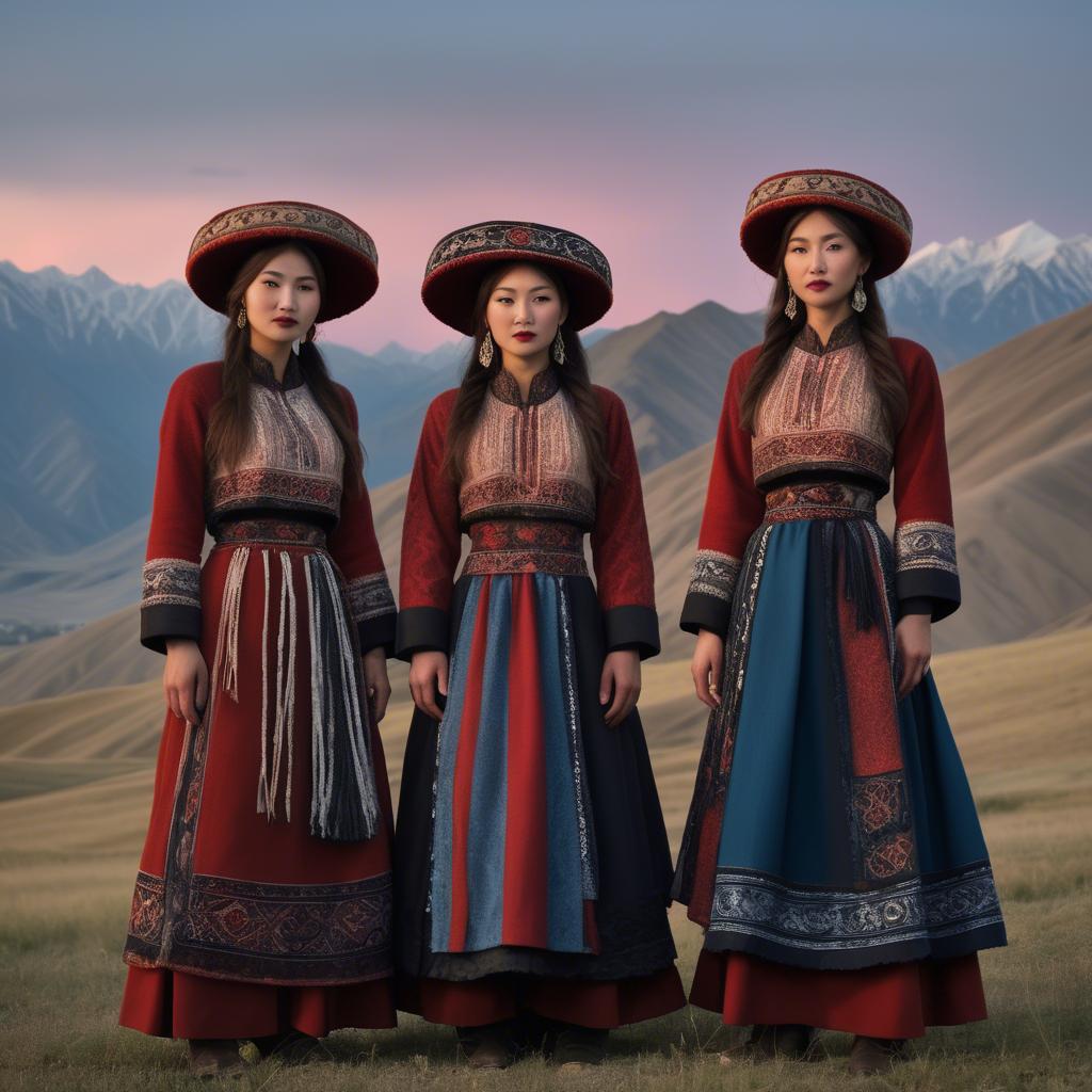 A stunning image of magical kyrgyz ensemble in layered textiles with mountainous scenery at twilight.