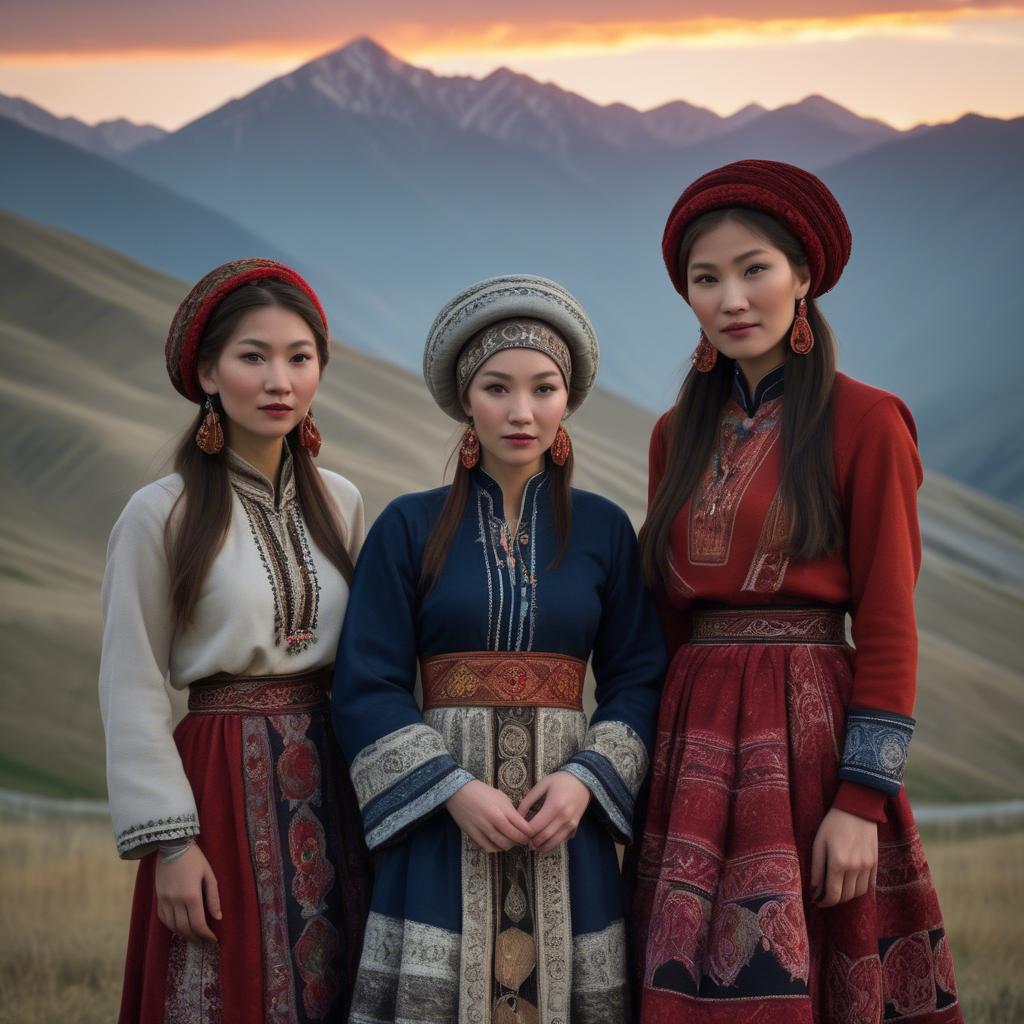 A stunning image of magical kyrgyz ensemble in layered textiles with mountainous scenery at twilight.
