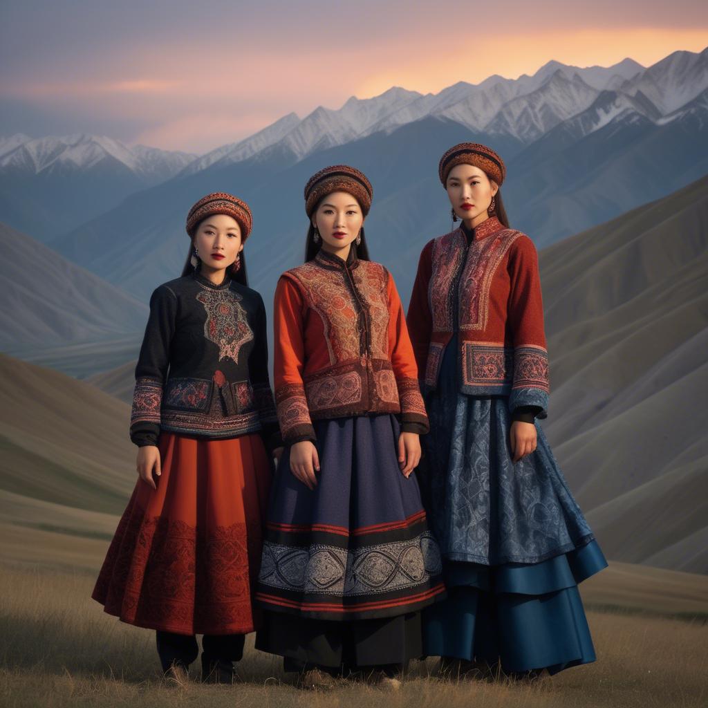 A stunning image of magical kyrgyz ensemble in layered textiles with mountainous scenery at twilight.