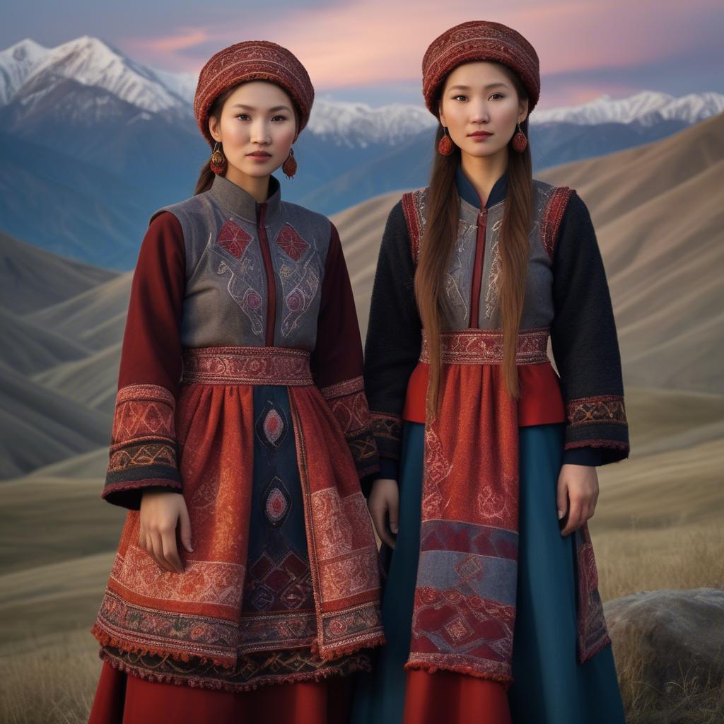 A stunning image of magical kyrgyz ensemble in layered textiles with mountainous scenery at twilight.