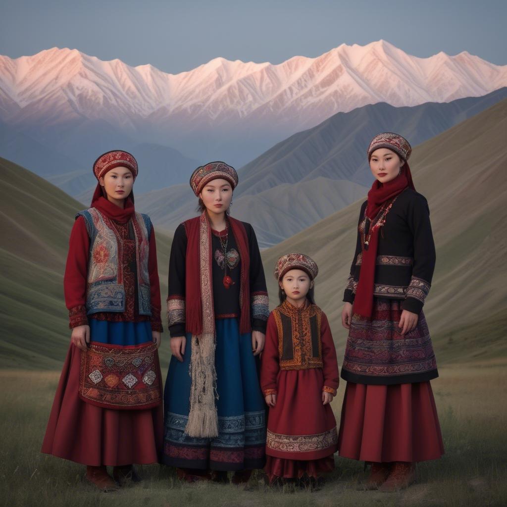 A stunning image of magical kyrgyz ensemble in layered textiles with mountainous scenery at twilight.