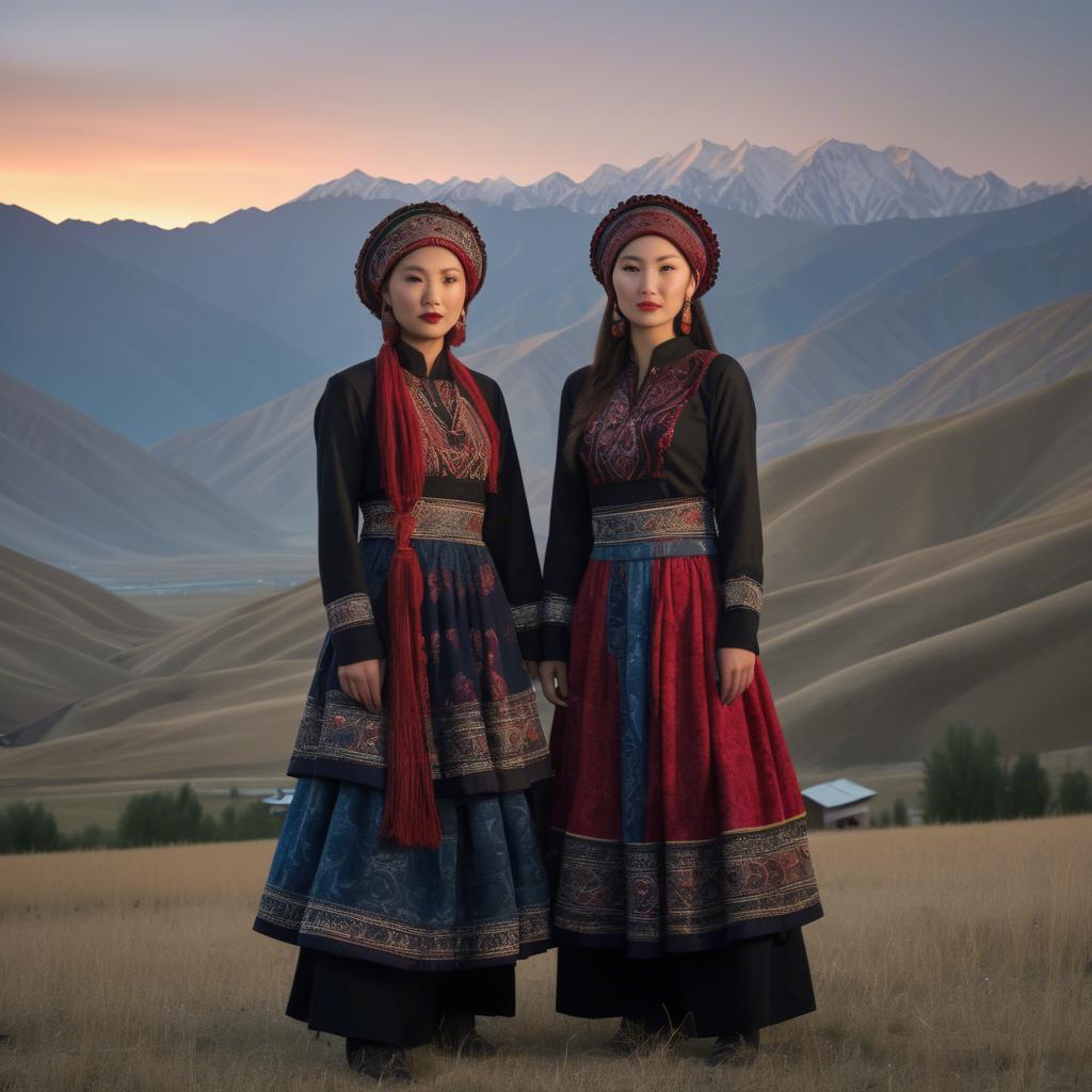 A stunning image of magical kyrgyz ensemble in layered textiles with mountainous scenery at twilight.