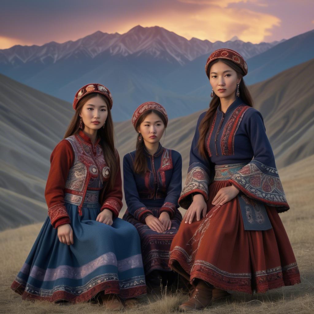 A stunning image of magical kyrgyz ensemble in layered textiles with mountainous scenery at twilight.