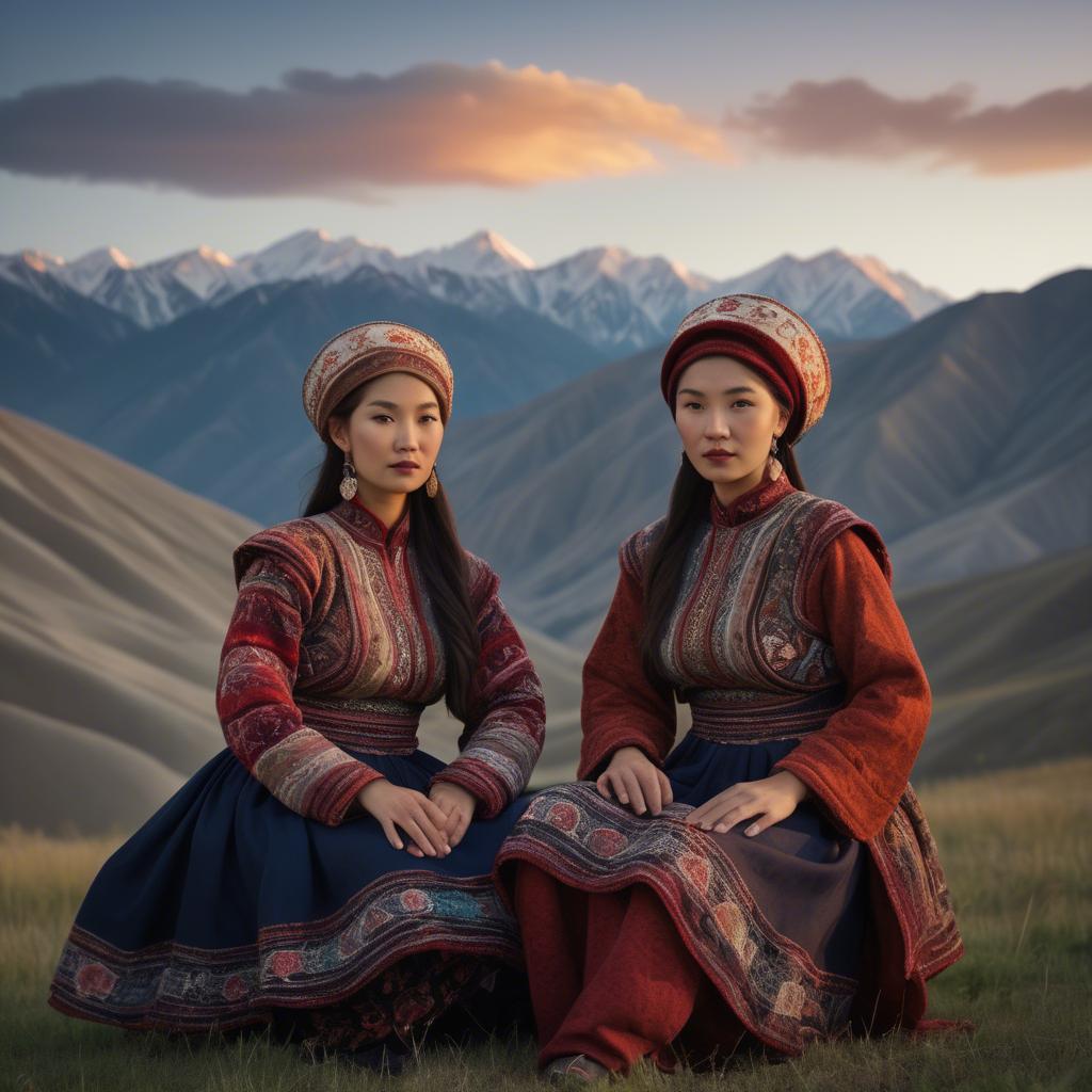 A stunning image of magical kyrgyz ensemble in layered textiles with mountainous scenery at twilight.
