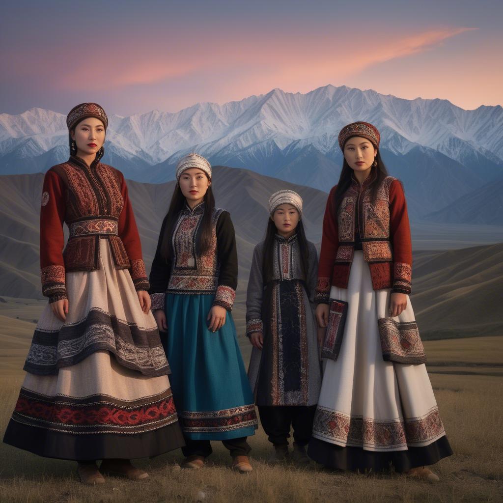 A stunning image of magical kyrgyz ensemble in layered textiles with mountainous scenery at twilight.