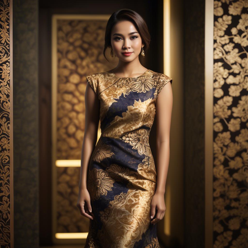 A stunning image of malaysian stunner in a refined batik dress accentuated by soft golden lighting.