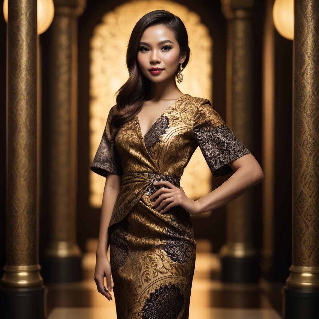 A stunning image of malaysian stunner in a refined batik dress accentuated by soft golden lighting.