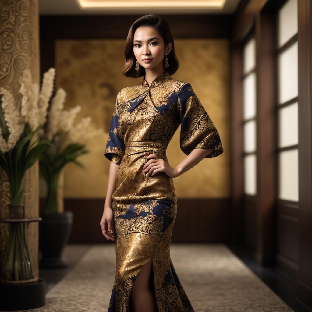 A stunning image of malaysian stunner in a refined batik dress accentuated by soft golden lighting.