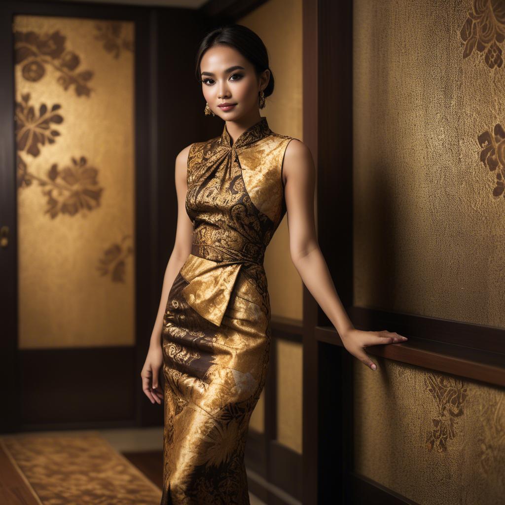 A stunning image of malaysian stunner in a refined batik dress accentuated by soft golden lighting.