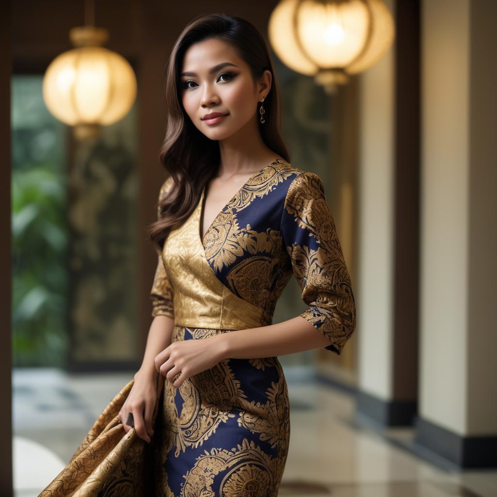A stunning image of malaysian stunner in a refined batik dress accentuated by soft golden lighting.