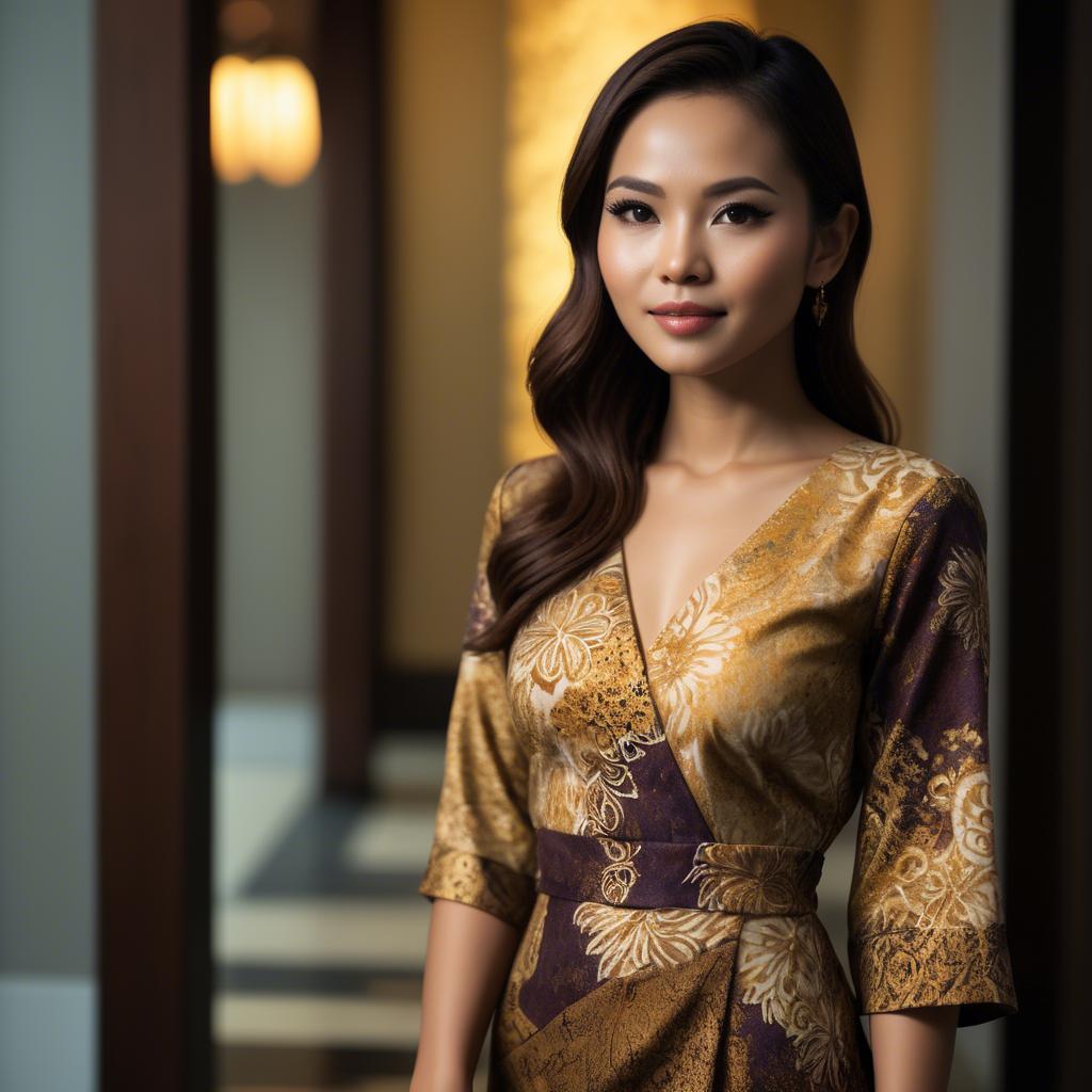A stunning image of malaysian stunner in a refined batik dress accentuated by soft golden lighting.