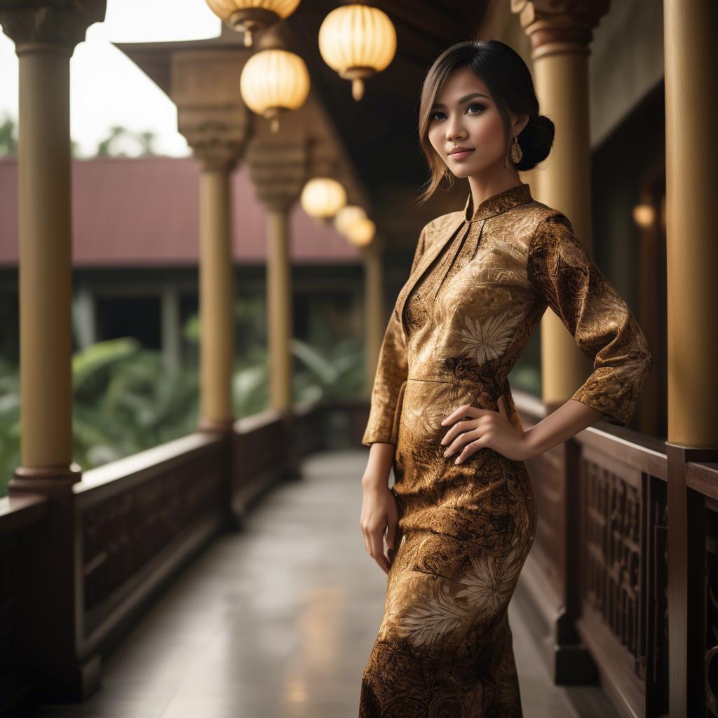 A stunning image of malaysian stunner in a refined batik dress accentuated by soft golden lighting.