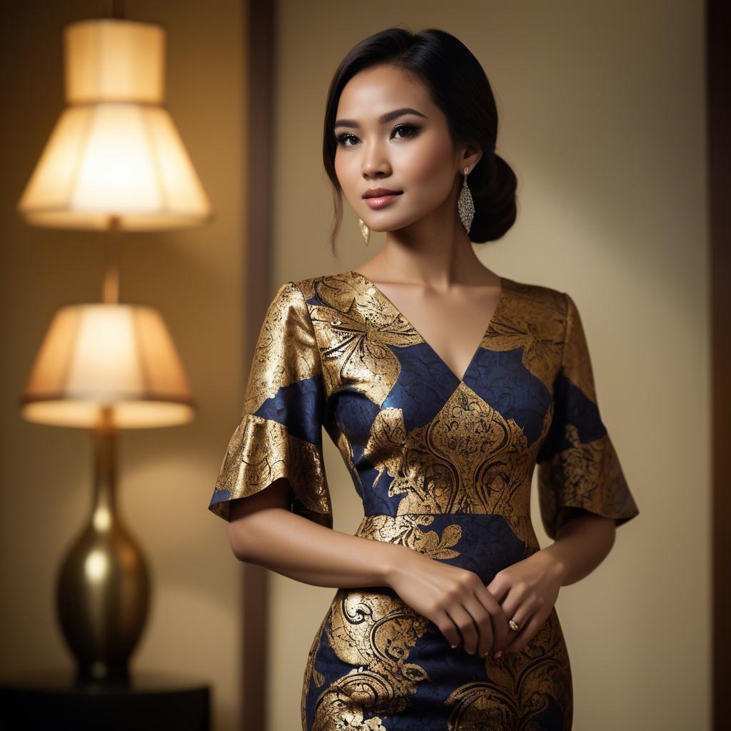 A stunning image of malaysian stunner in a refined batik dress accentuated by soft golden lighting.