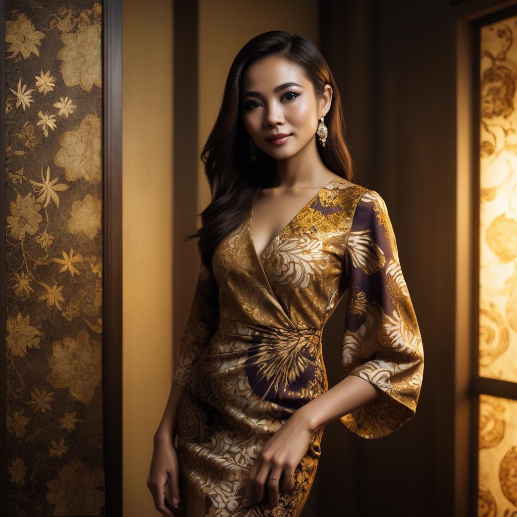 A stunning image of malaysian stunner in a refined batik dress accentuated by soft golden lighting.