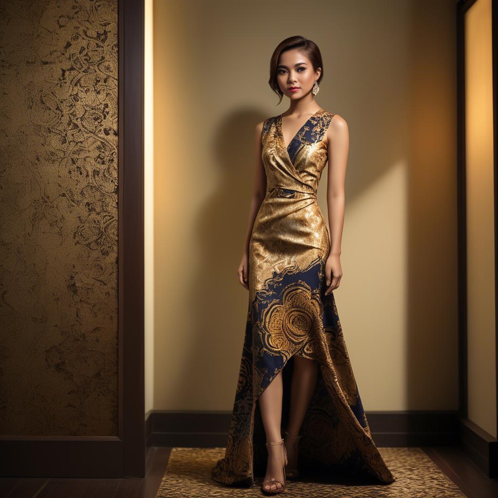 A stunning image of malaysian stunner in a refined batik dress accentuated by soft golden lighting.