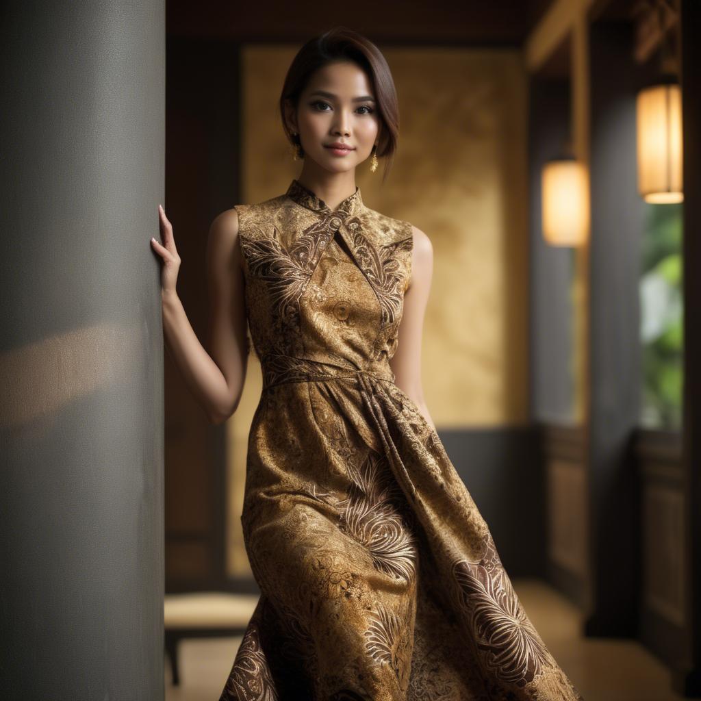A stunning image of malaysian stunner in a refined batik dress accentuated by soft golden lighting.