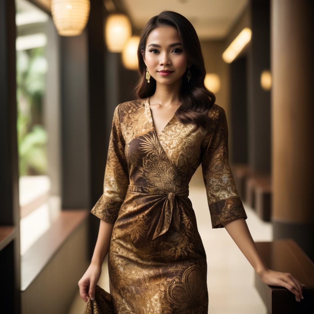 A stunning image of malaysian stunner in a refined batik dress accentuated by soft golden lighting.