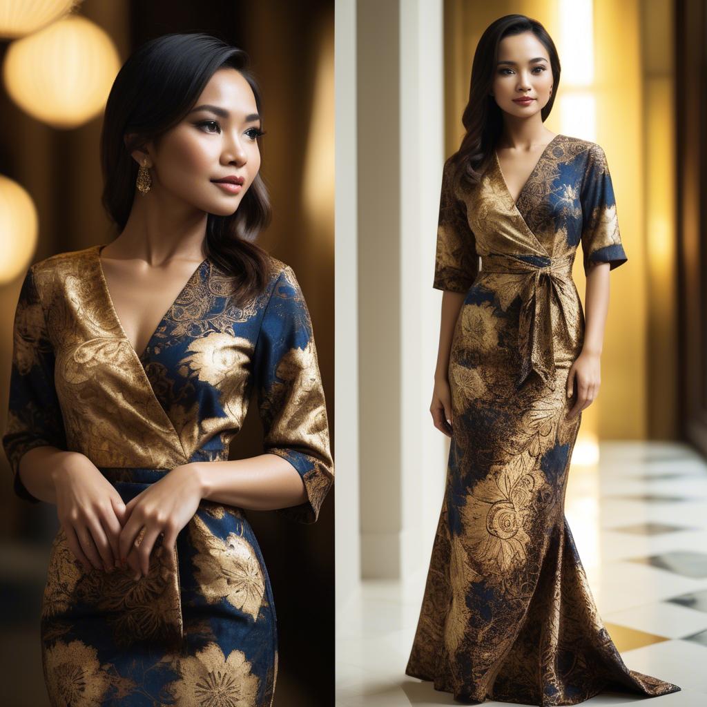 A stunning image of malaysian stunner in a refined batik dress accentuated by soft golden lighting.