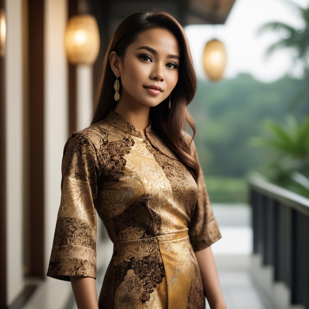 A stunning image of malaysian stunner in a refined batik dress accentuated by soft golden lighting.