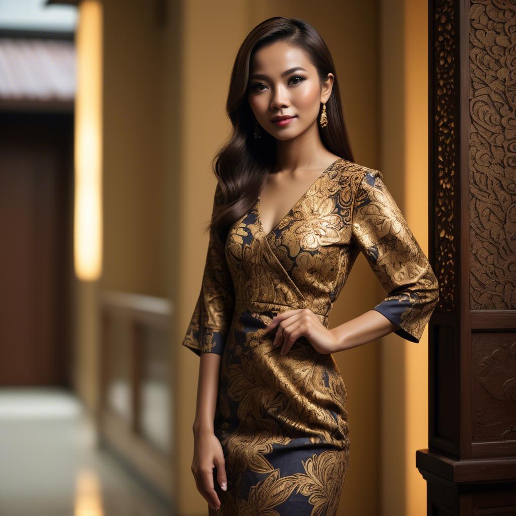 A stunning image of malaysian stunner in a refined batik dress accentuated by soft golden lighting.