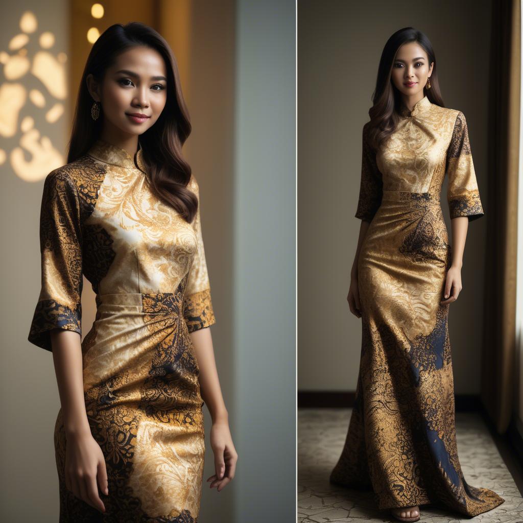 A stunning image of malaysian stunner in a refined batik dress accentuated by soft golden lighting.