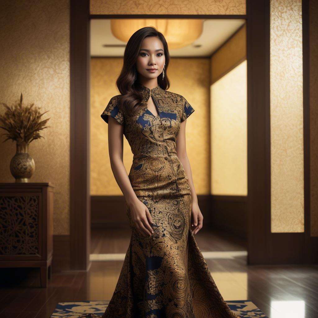 A stunning image of malaysian stunner in a refined batik dress accentuated by soft golden lighting.