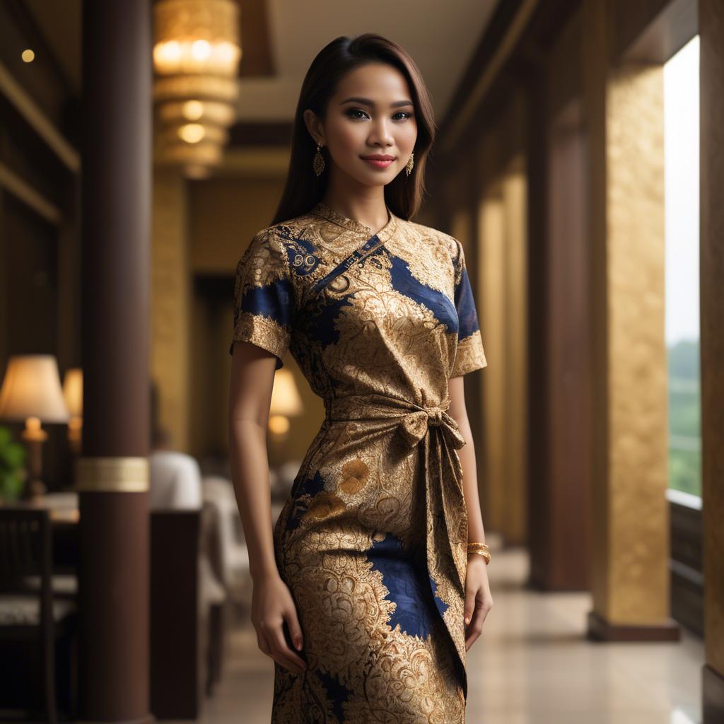 A stunning image of malaysian stunner in a refined batik dress accentuated by soft golden lighting.
