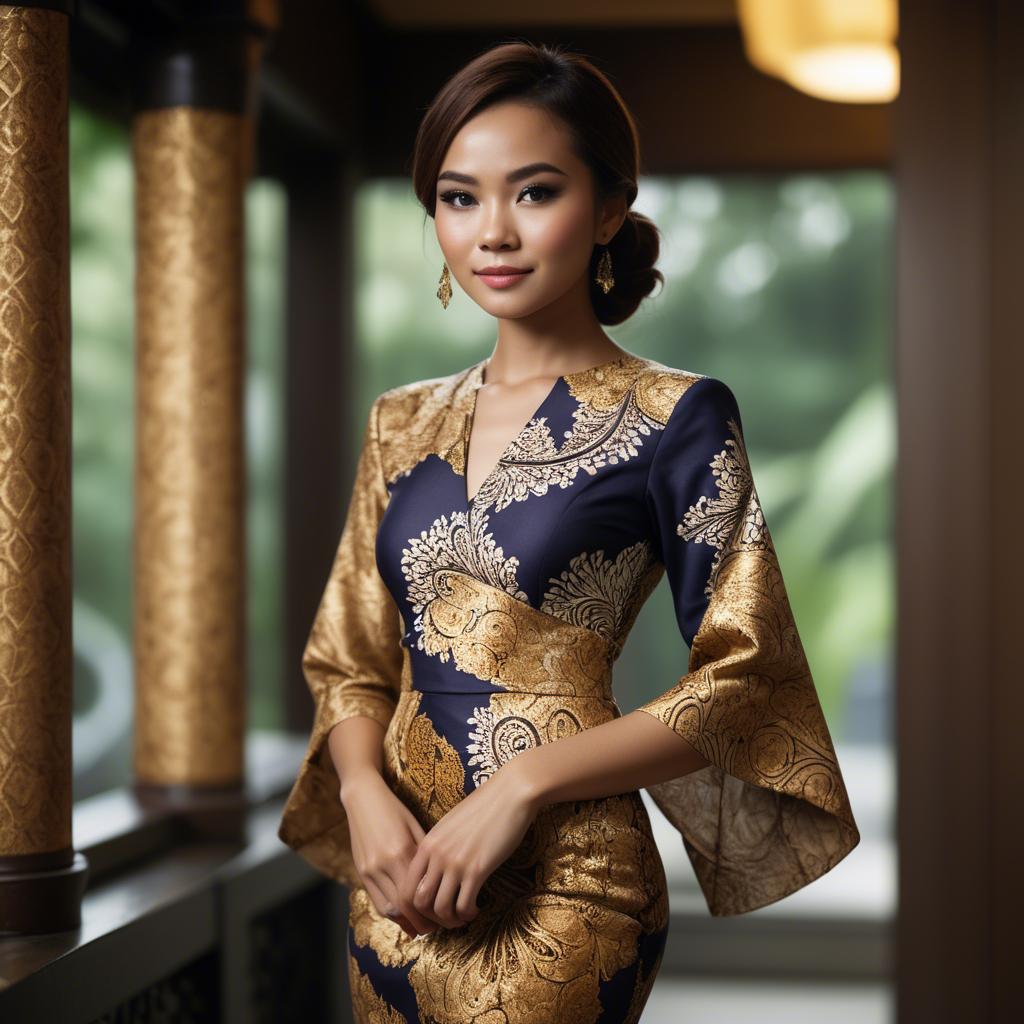 A stunning image of malaysian stunner in a refined batik dress accentuated by soft golden lighting.