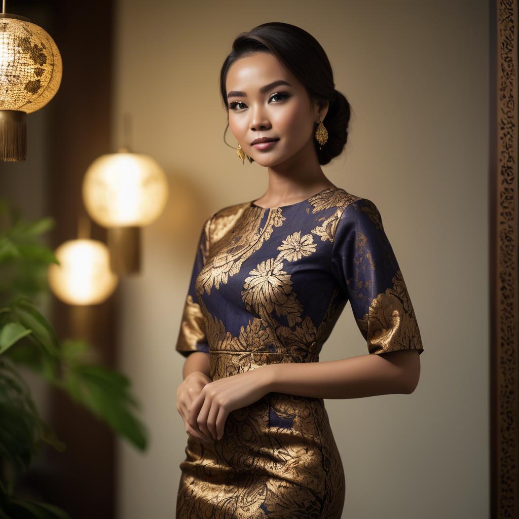 A stunning image of malaysian stunner in a refined batik dress accentuated by soft golden lighting.