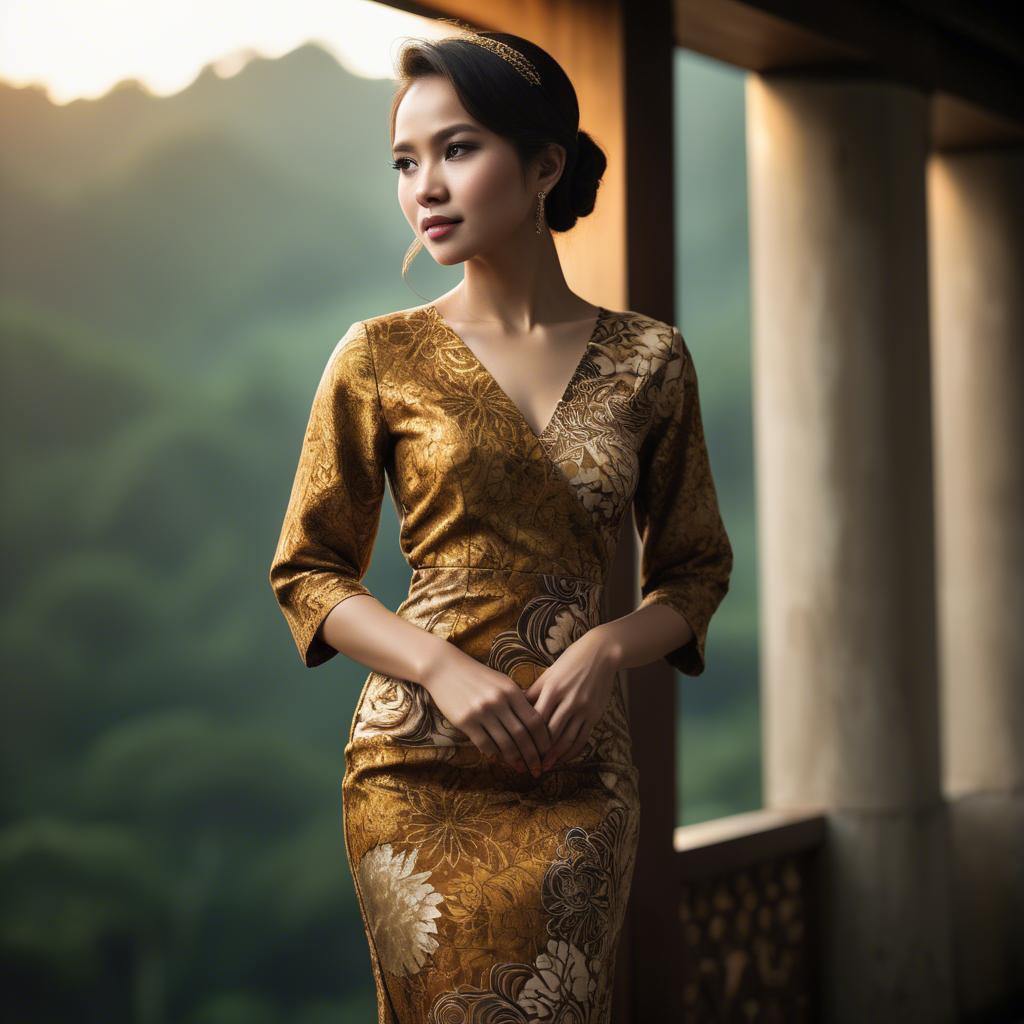 A stunning image of malaysian stunner in a refined batik dress accentuated by soft golden lighting.