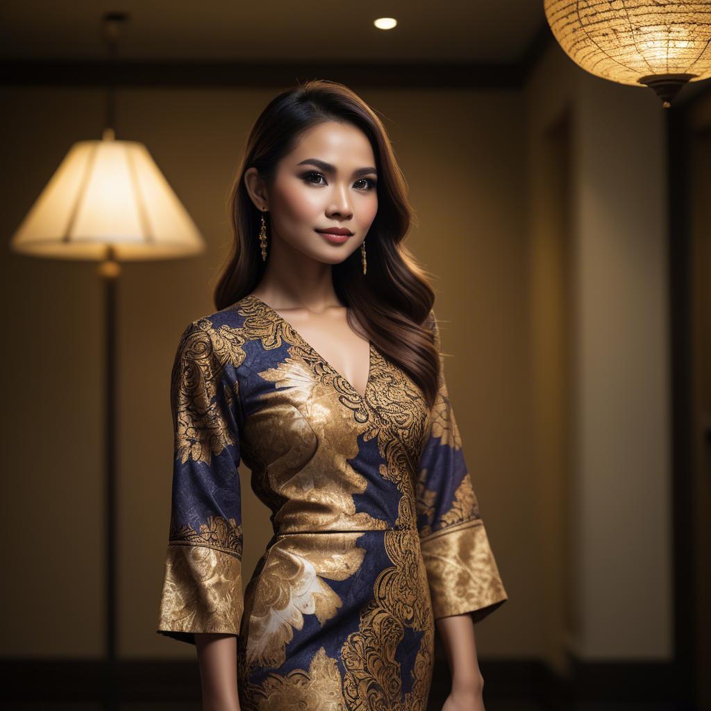 A stunning image of malaysian stunner in a refined batik dress accentuated by soft golden lighting.