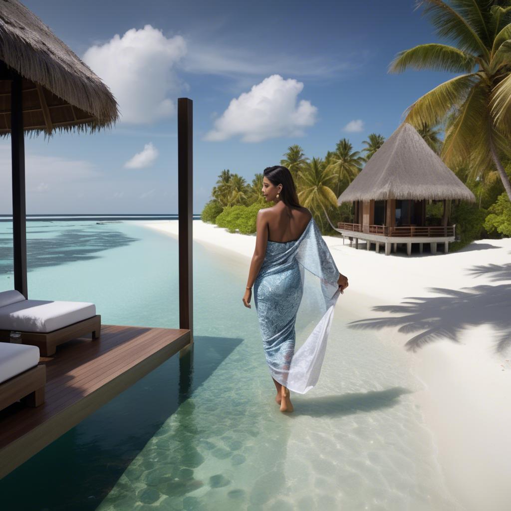 A stunning image of maldivian elegance in a sleek sarong set against crystal-clear beachscapes.
