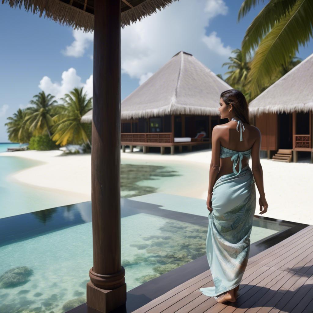 A stunning image of maldivian elegance in a sleek sarong set against crystal-clear beachscapes.