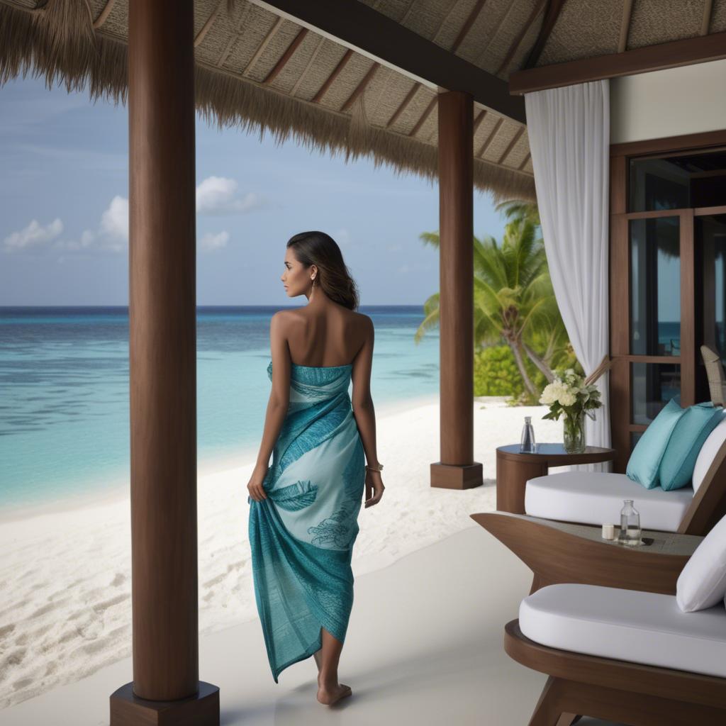 A stunning image of maldivian elegance in a sleek sarong set against crystal-clear beachscapes.