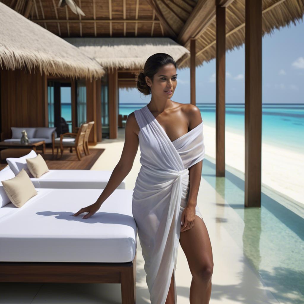 A stunning image of maldivian elegance in a sleek sarong set against crystal-clear beachscapes.