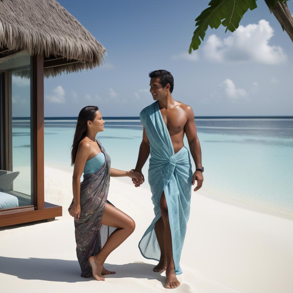 A stunning image of maldivian elegance in a sleek sarong set against crystal-clear beachscapes.