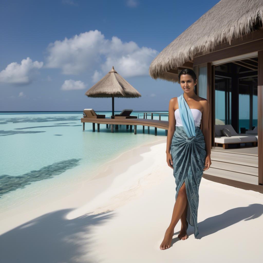 A stunning image of maldivian elegance in a sleek sarong set against crystal-clear beachscapes.