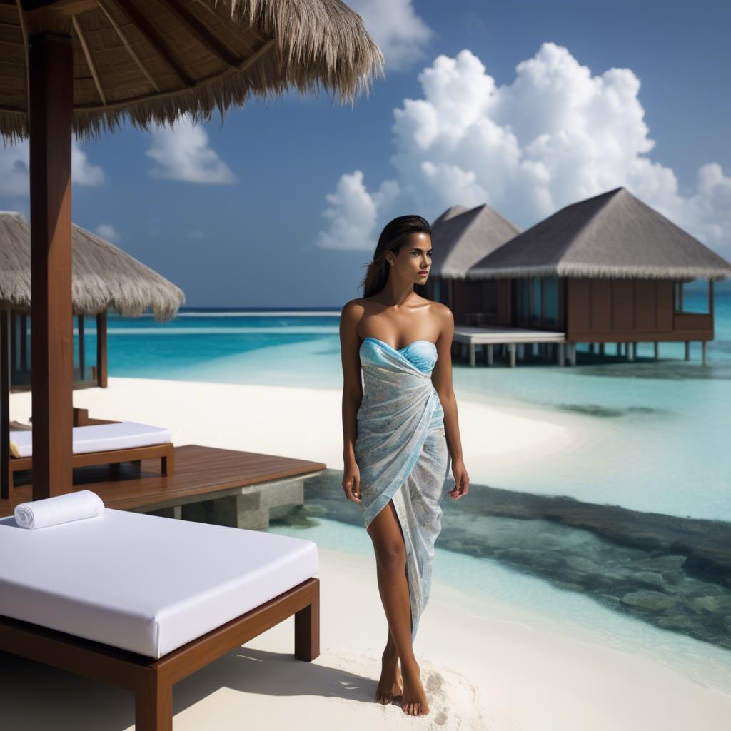 A stunning image of maldivian elegance in a sleek sarong set against crystal-clear beachscapes.