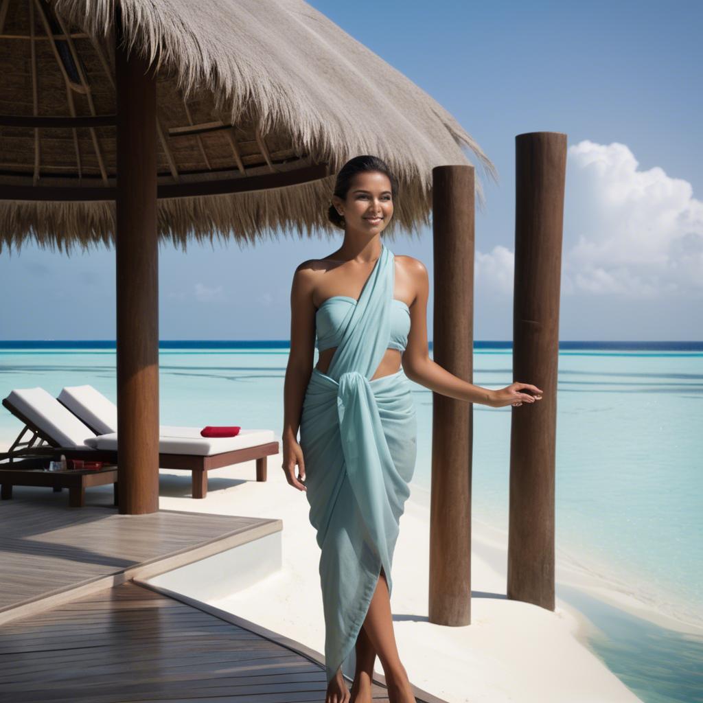 A stunning image of maldivian elegance in a sleek sarong set against crystal-clear beachscapes.