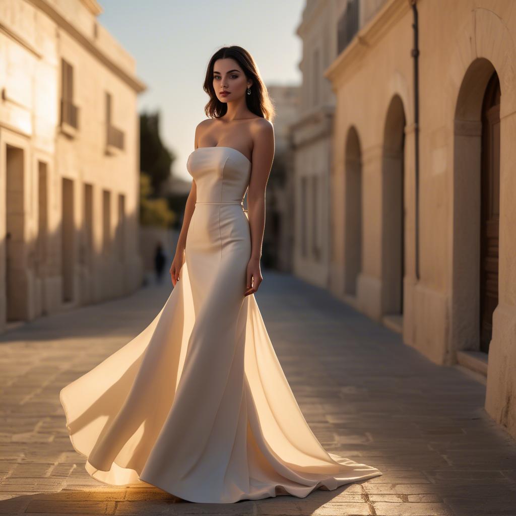 A stunning image of maltese beauty in a tasteful strapless gown silhouetted by warm golden hour light.
