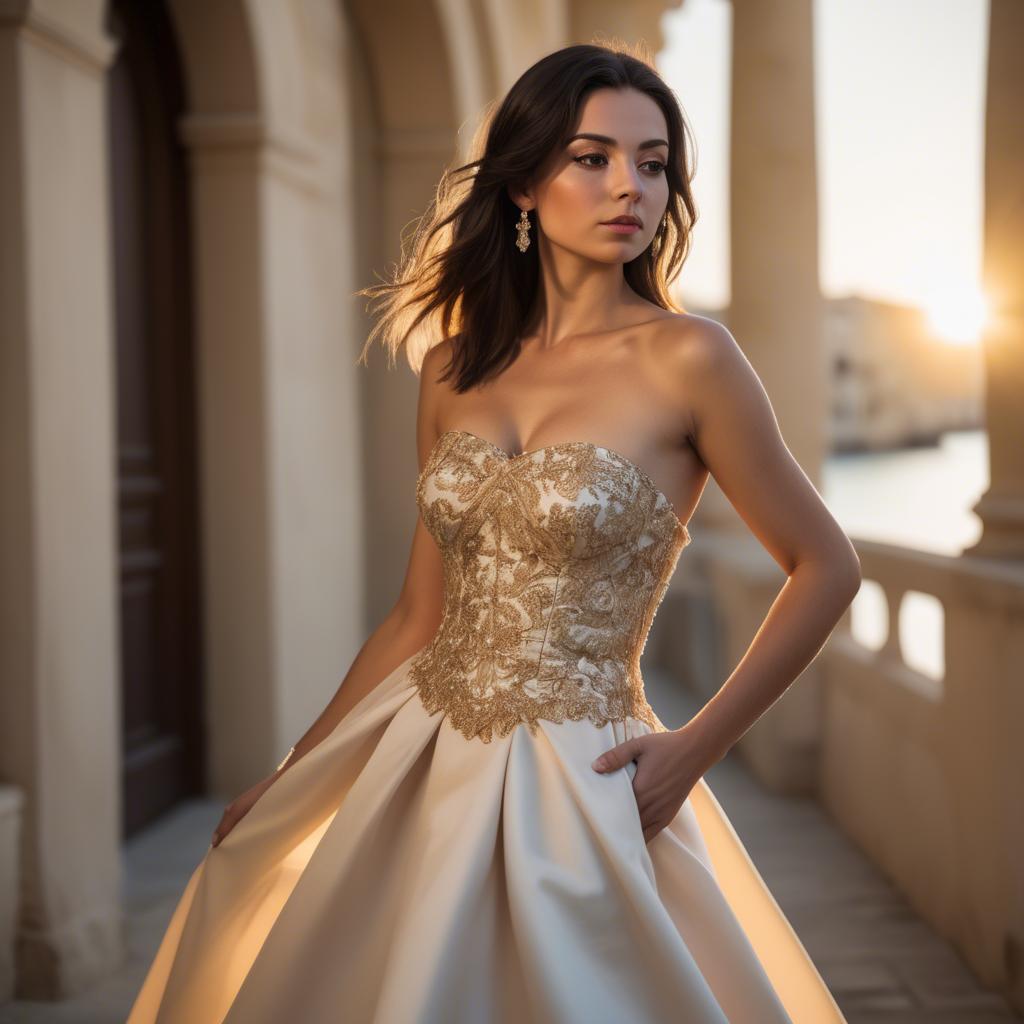 A stunning image of maltese beauty in a tasteful strapless gown silhouetted by warm golden hour light.