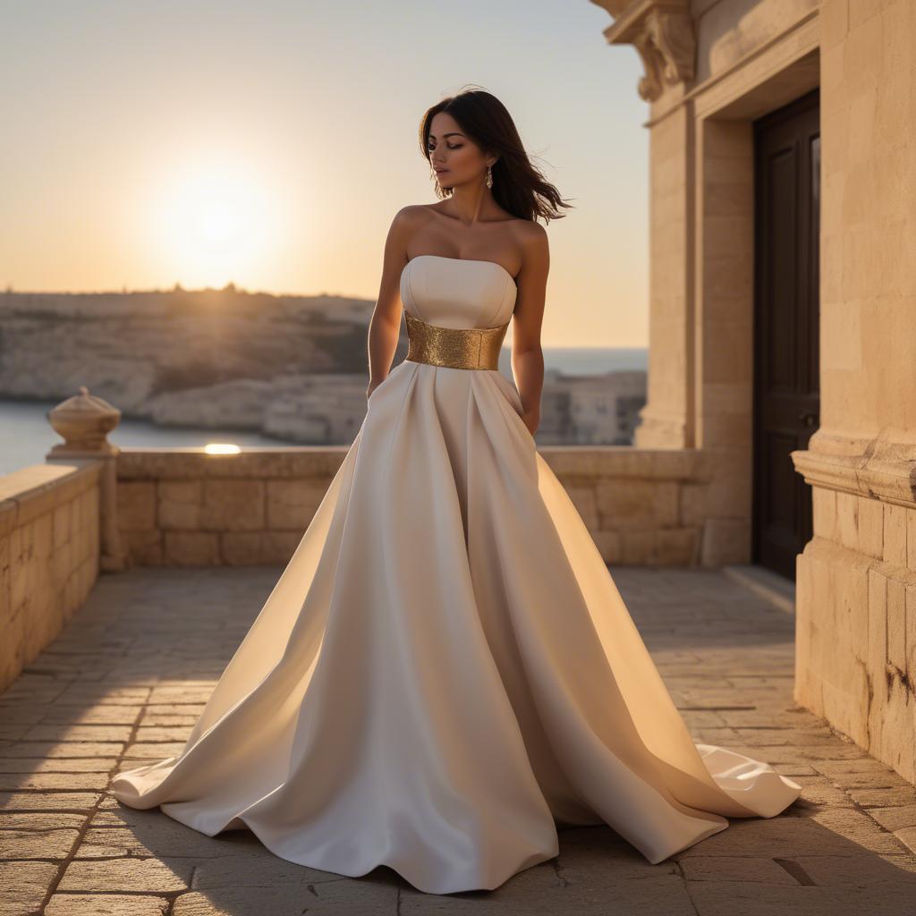 A stunning image of maltese beauty in a tasteful strapless gown silhouetted by warm golden hour light.