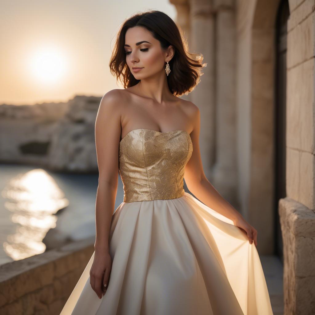 A stunning image of maltese beauty in a tasteful strapless gown silhouetted by warm golden hour light.