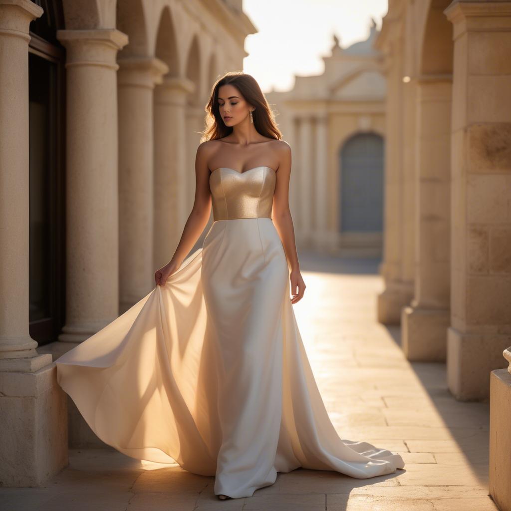 A stunning image of maltese beauty in a tasteful strapless gown silhouetted by warm golden hour light.