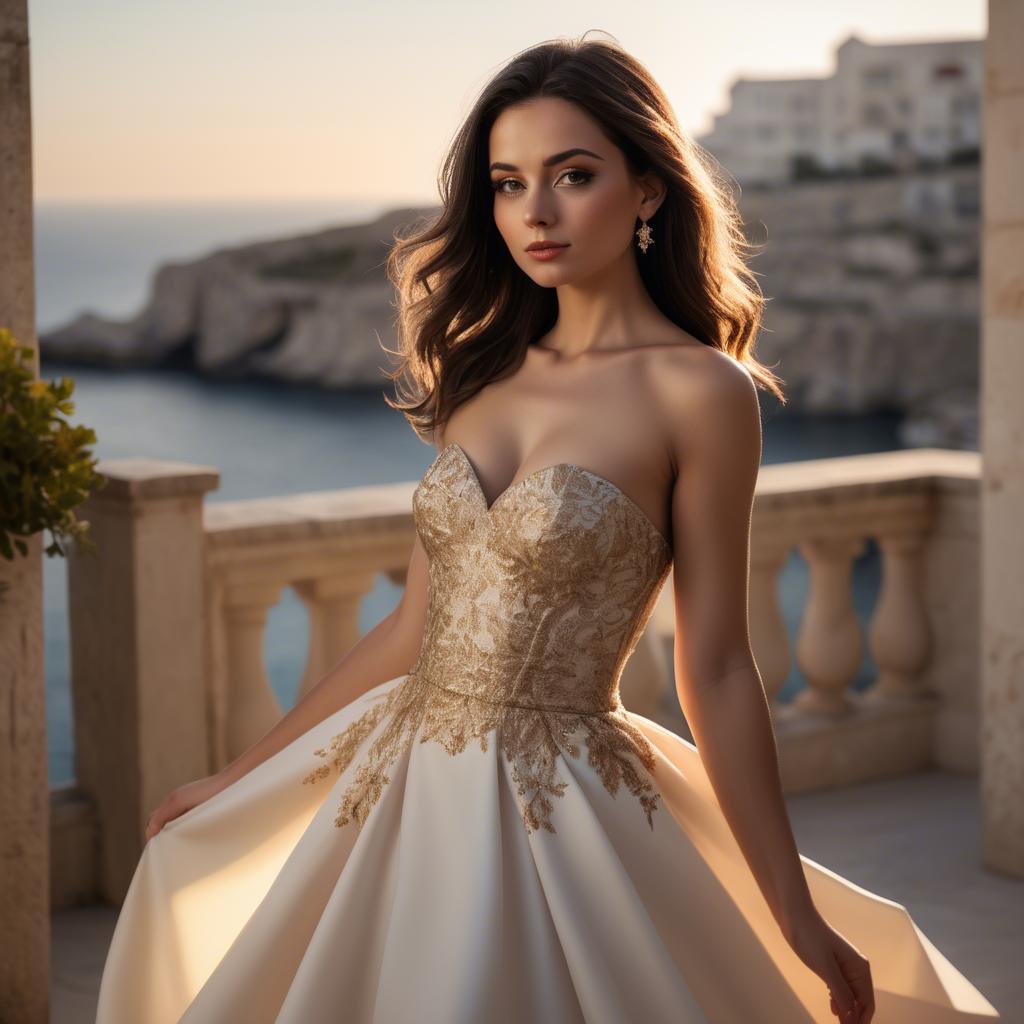 A stunning image of maltese beauty in a tasteful strapless gown silhouetted by warm golden hour light.